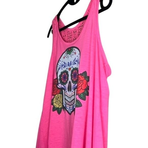 Pink High Low Tank Top Sugar Skull Roses Lace Back Detail Womens Dia De Muertos - Picture 4 of 11